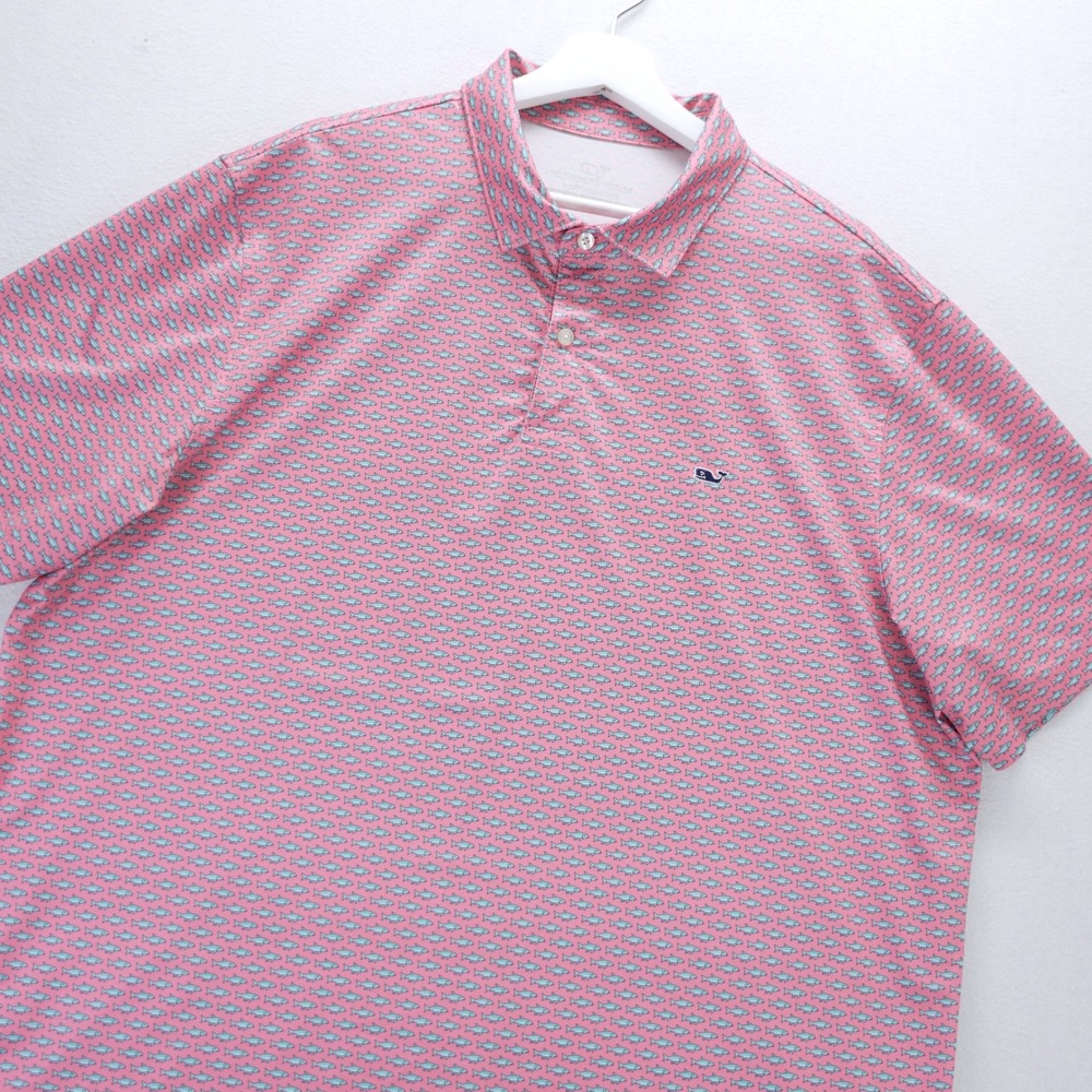 Vineyard Vines Performance Polo Shirt Mens XL Pink Blue Fish All Over Print